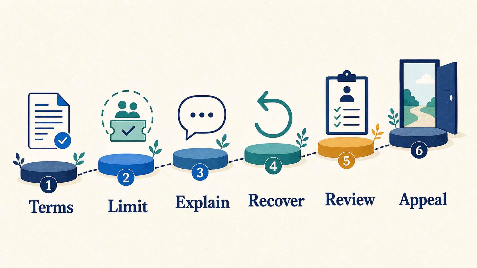 A fair enforcement ladder moves from clear terms to a limit, explanation, recovery, human review, and appeal.