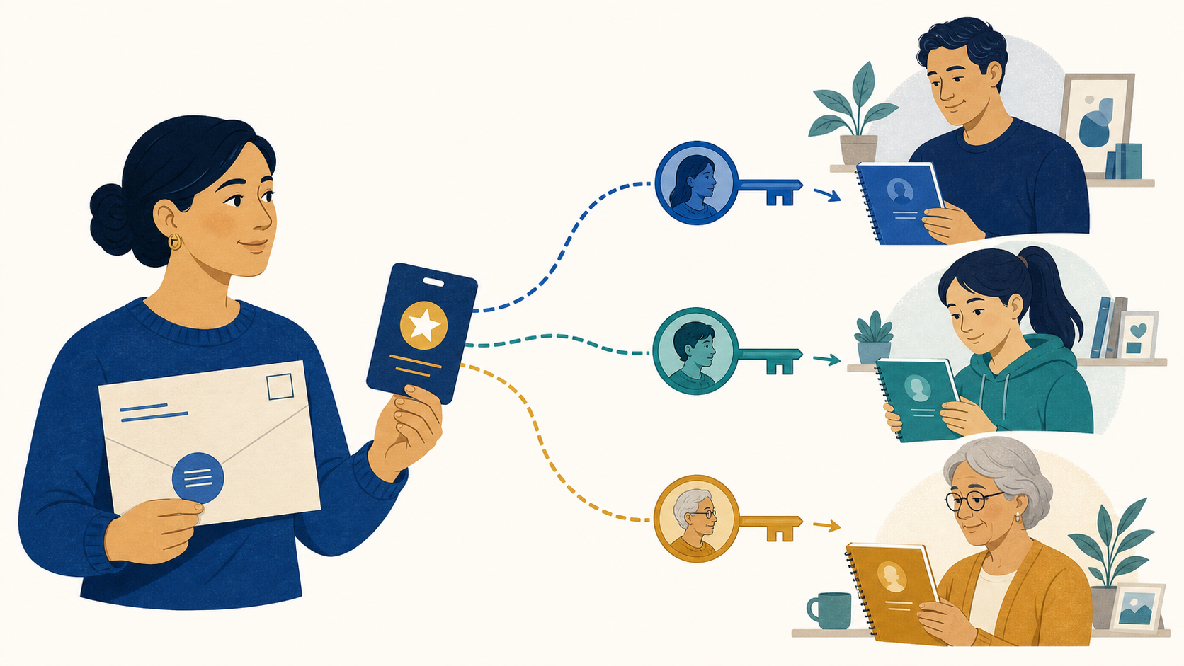 One payer funds a family membership while separate member keys preserve each person's identity, history, and recovery path.