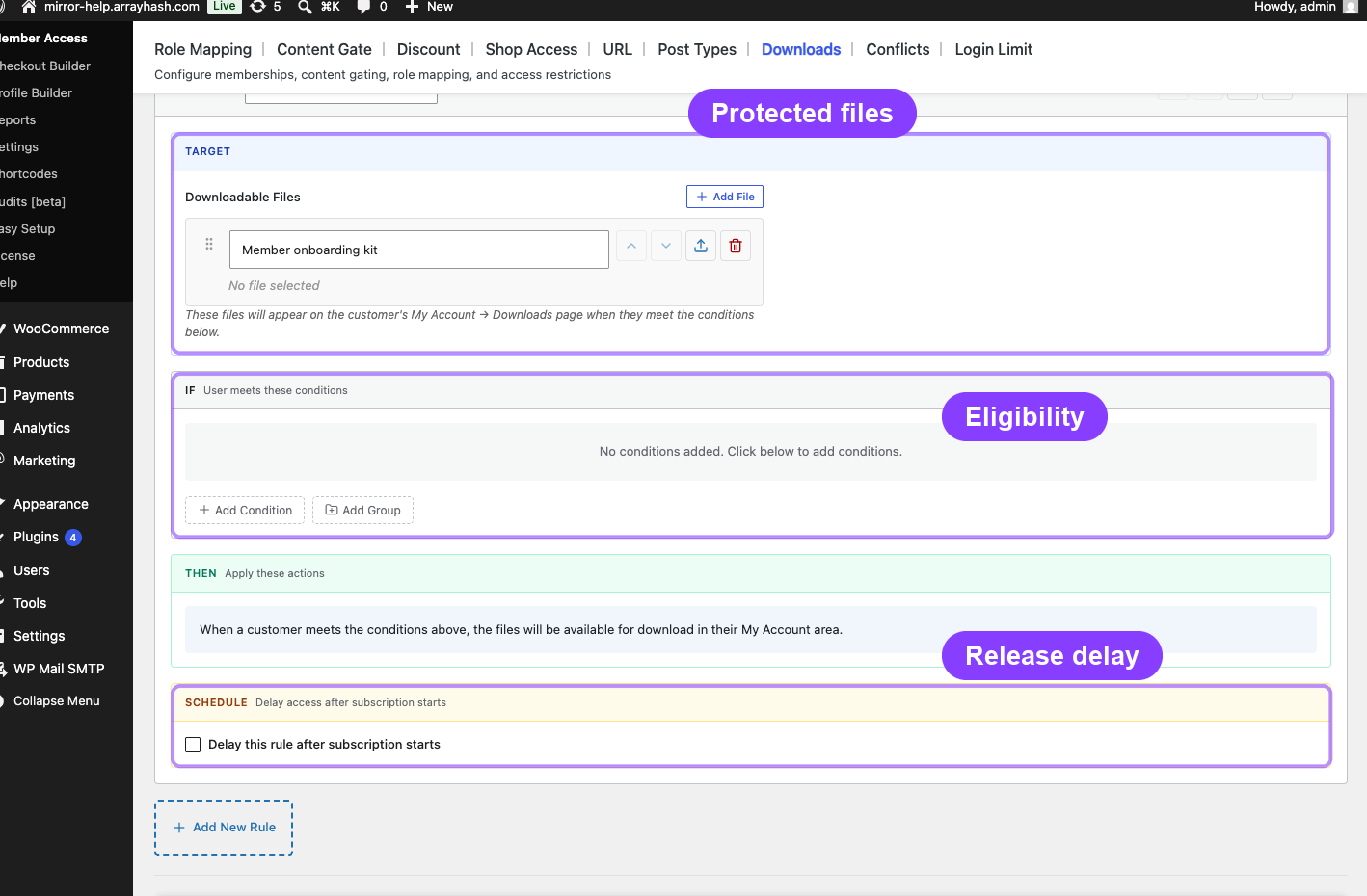 The annotated live ArraySubs rule builder marks the file, access-condition, grouping, and schedule controls that govern a membership download.