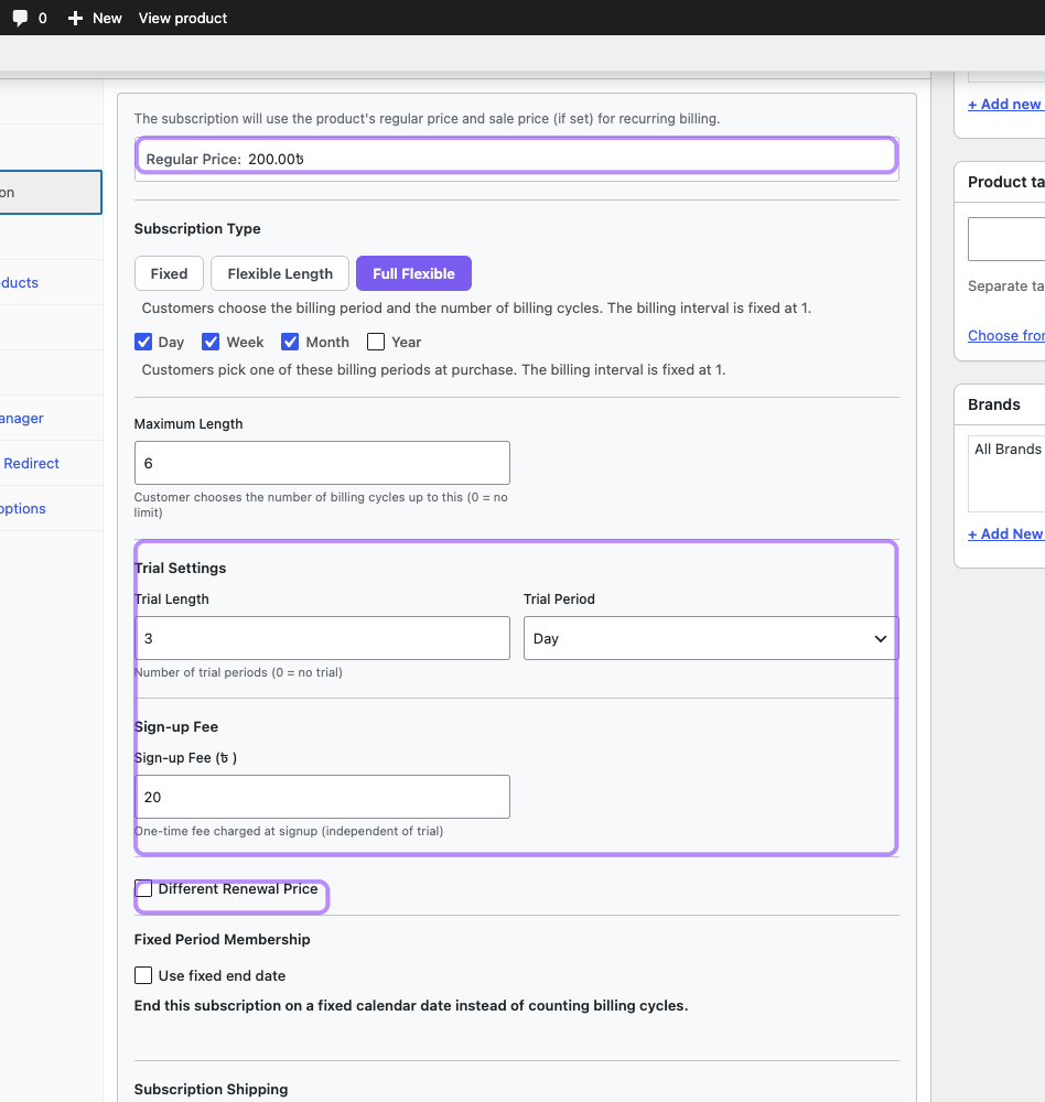 Annotated ArraySubs subscription settings separating recurring price, trial/sign-up components, and renewal-specific controls.