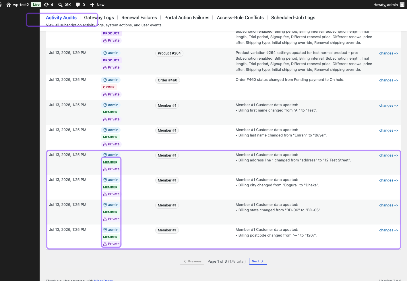 Annotated ArraySubs Activity Audits showing private billing-address, city, state, and postcode changes.