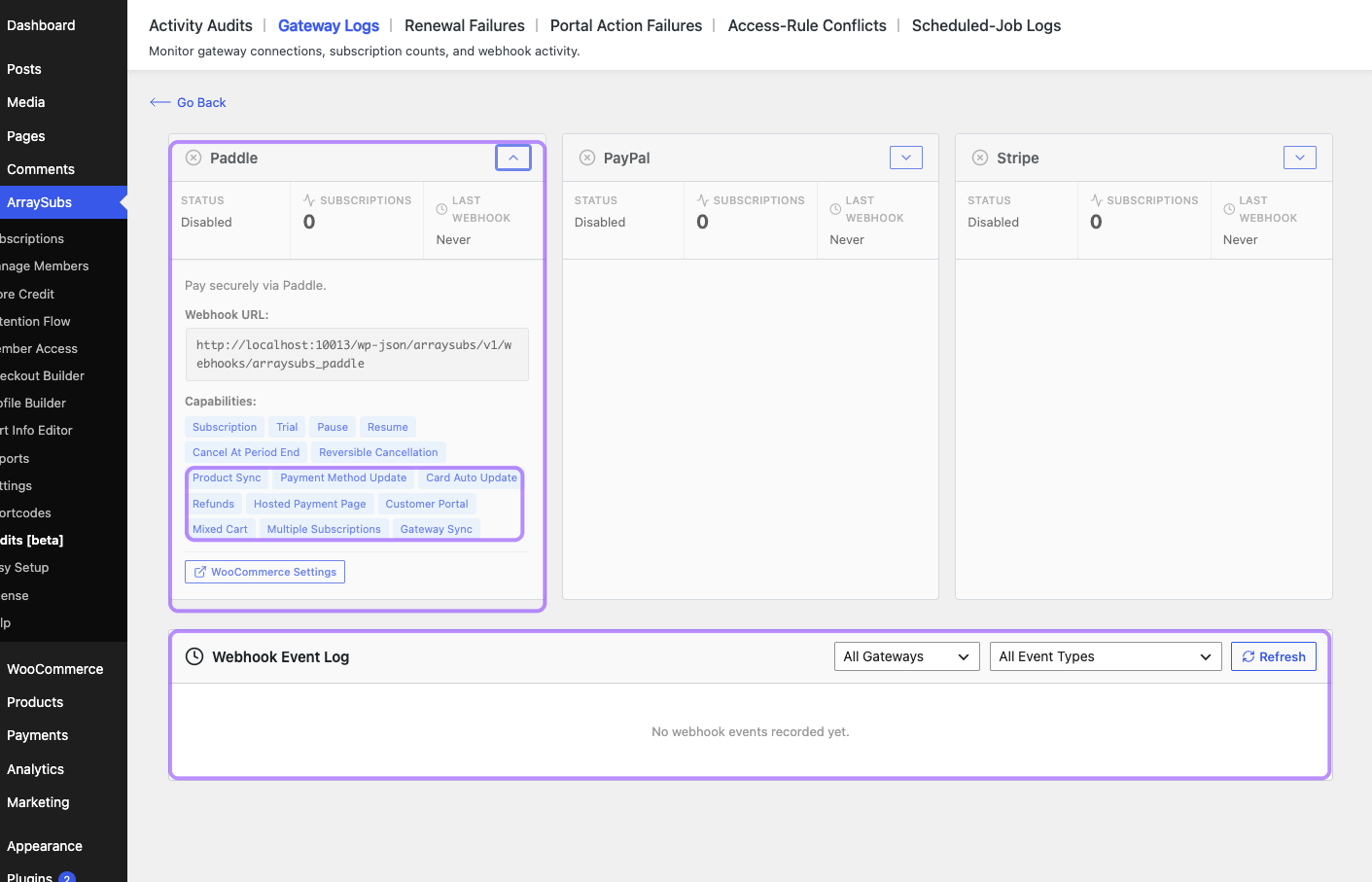 Annotated ArraySubs Gateway Health showing Paddle product/checkout/sync capabilities and the operational webhook evidence area.