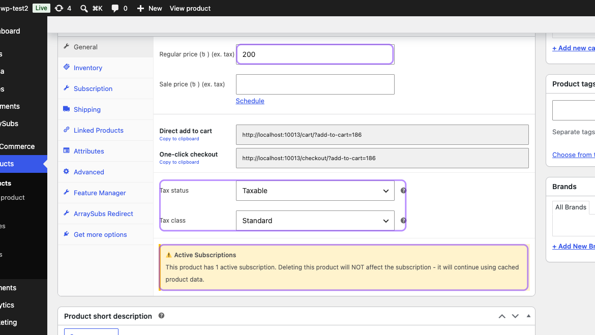 Annotated subscription product editor showing exclusive price entry, WooCommerce tax status/class, and the active-subscription data warning.