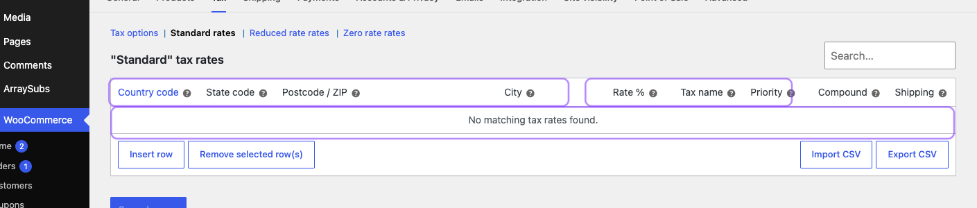 Annotated WooCommerce Standard rates table showing jurisdiction matching, rate outcomes, and the staging store’s empty state.