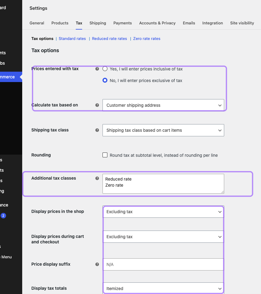 Annotated WooCommerce Tax options showing price-entry mode, calculation address, tax classes, and customer-facing display controls.