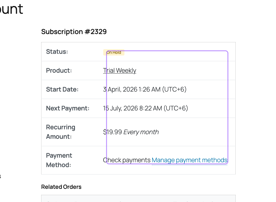 Annotated customer subscription view highlighting the On Hold state and Manage payment methods route used during renewal recovery.