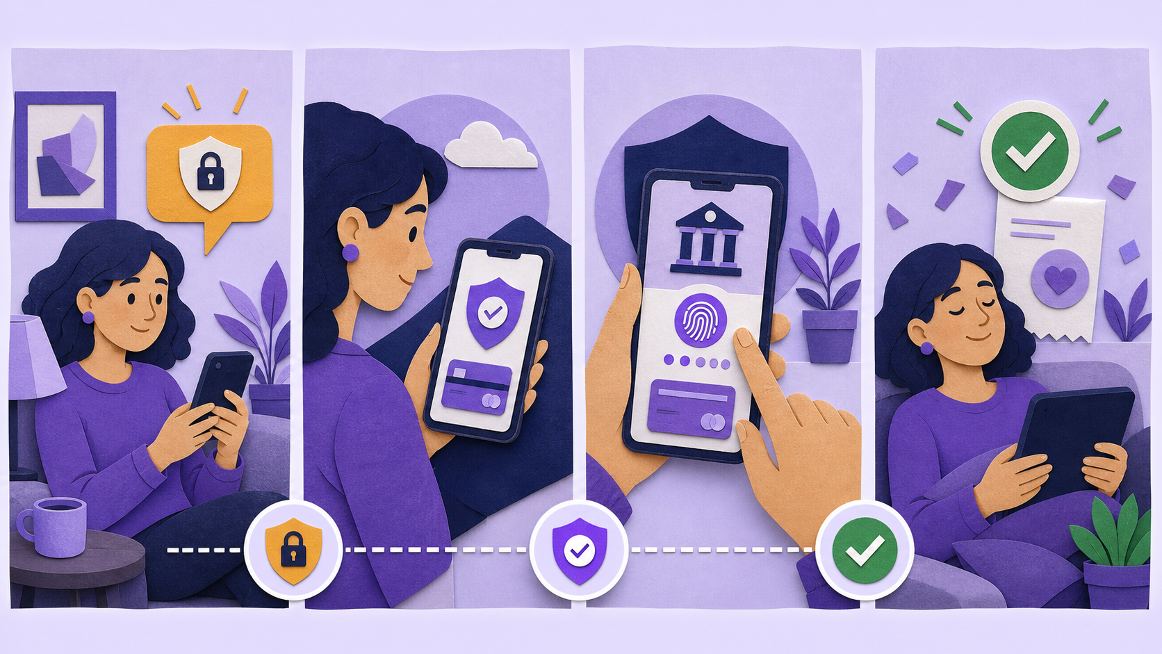 Four-panel customer journey from a secure renewal notification to a trusted payment page, issuer authentication, and restored paid access.