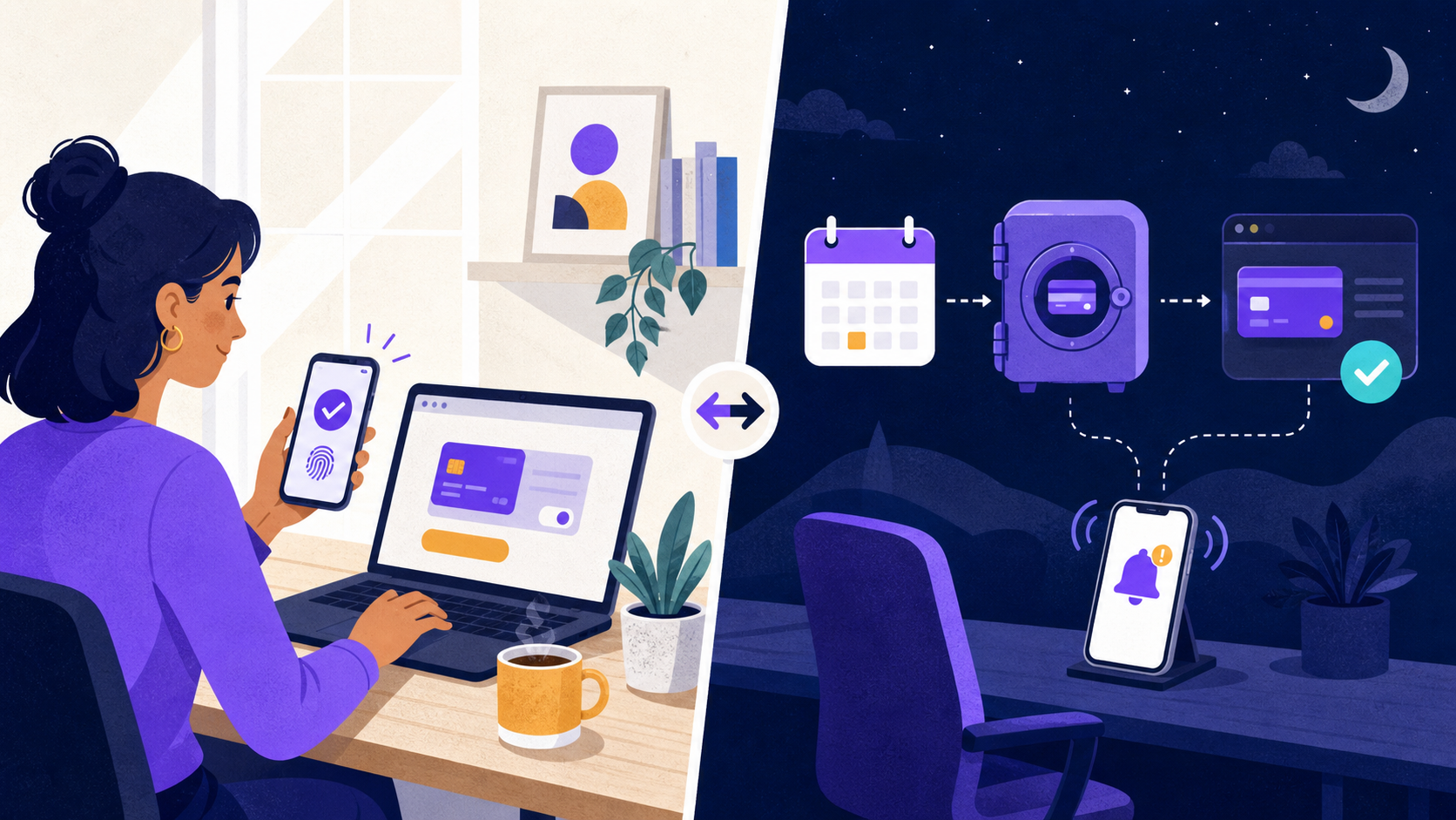 Editorial comparison of an on-session checkout with an active customer and an overnight off-session renewal with a saved method and action notification.