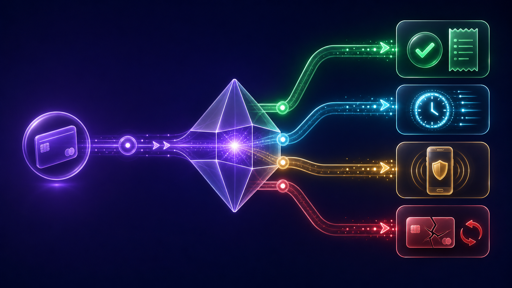 A luminous state machine branches one off-session PaymentIntent into succeeded, processing, customer-action, and failed recovery states.