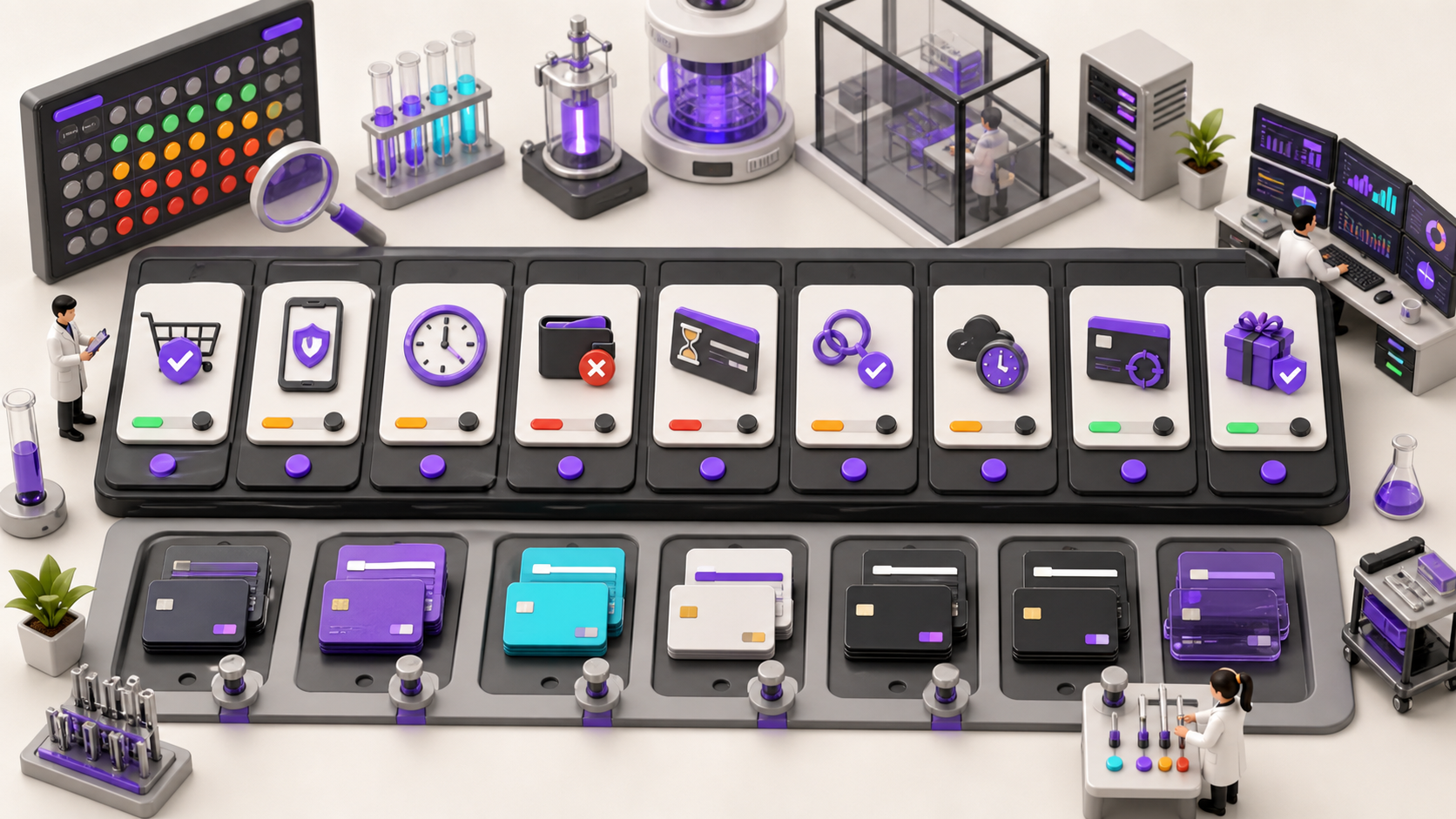 Isometric payments QA laboratory showing success, authentication, processing, decline, expiry, duplicate-event, update, and recovery scenarios.