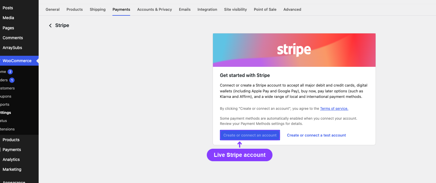 Annotated Stripe connection screen identifying the environment-specific account connection action used before SCA testing.