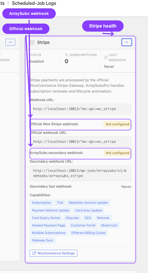 Annotated Stripe Gateway Health details separating the official Woo Stripe webhook check from the ArraySubs secondary webhook check.