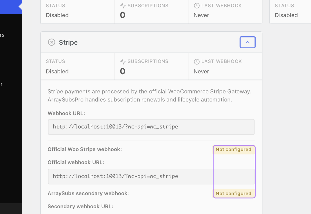 Annotated Stripe Gateway Health details highlighting the official Woo Stripe and ArraySubs secondary webhook configuration checks.