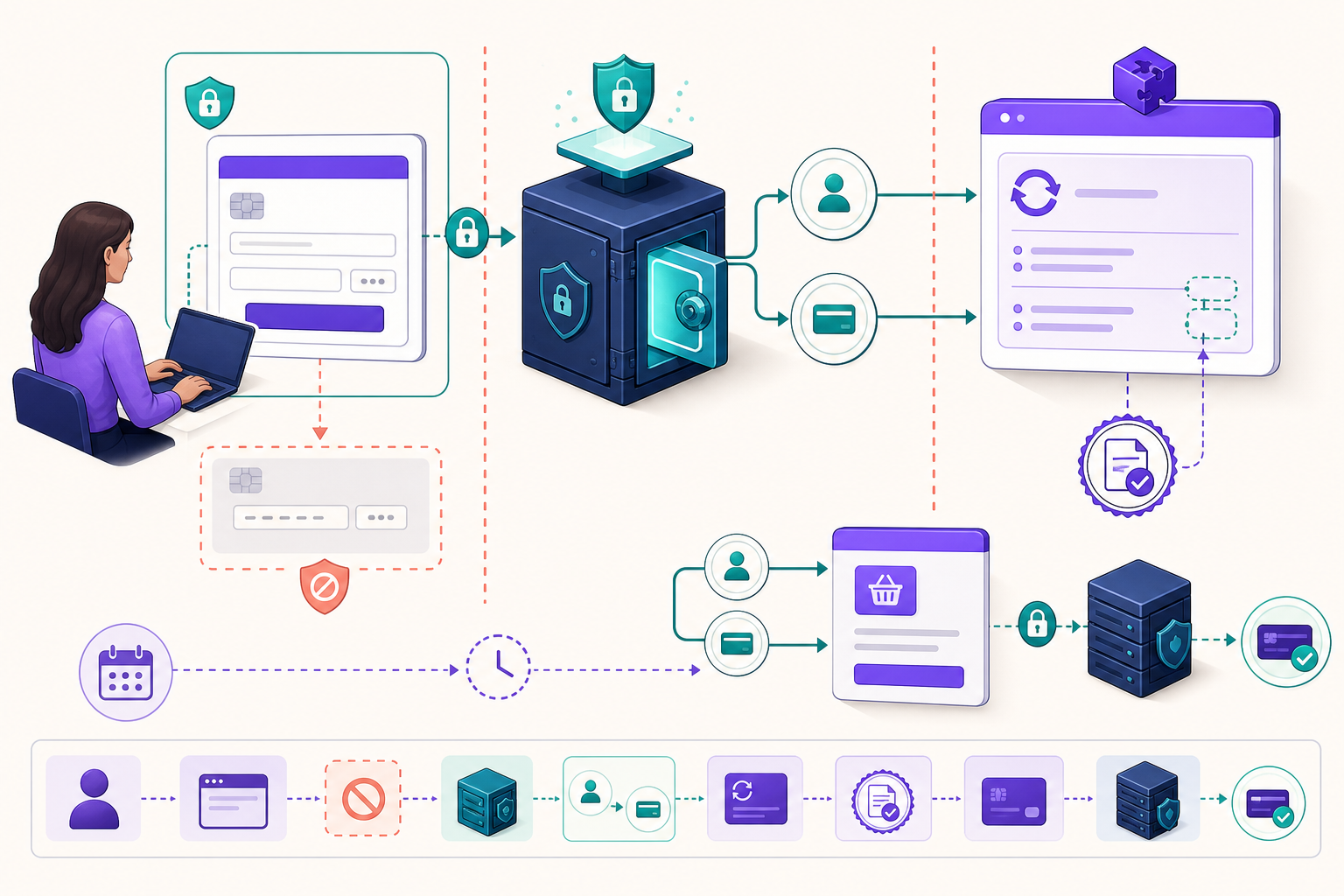 A layered Stripe recurring-billing architecture separates checkout, local scheduling, stored authority, and provider processing.