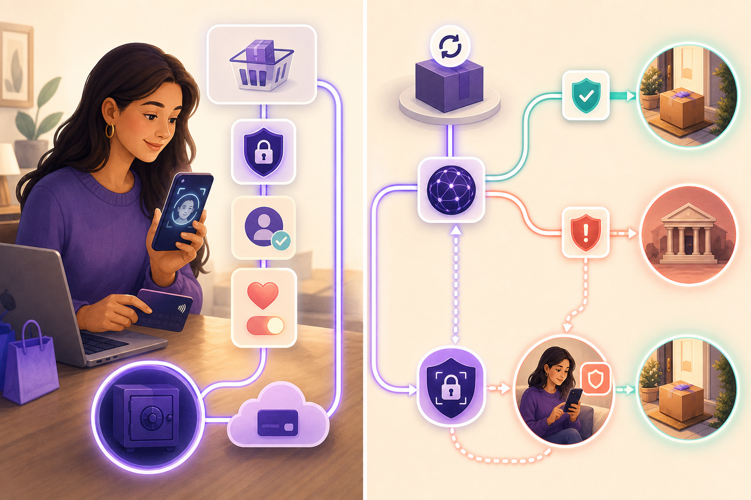 A split visual contrasts customer-present checkout authentication with an off-session renewal that requires recovery.