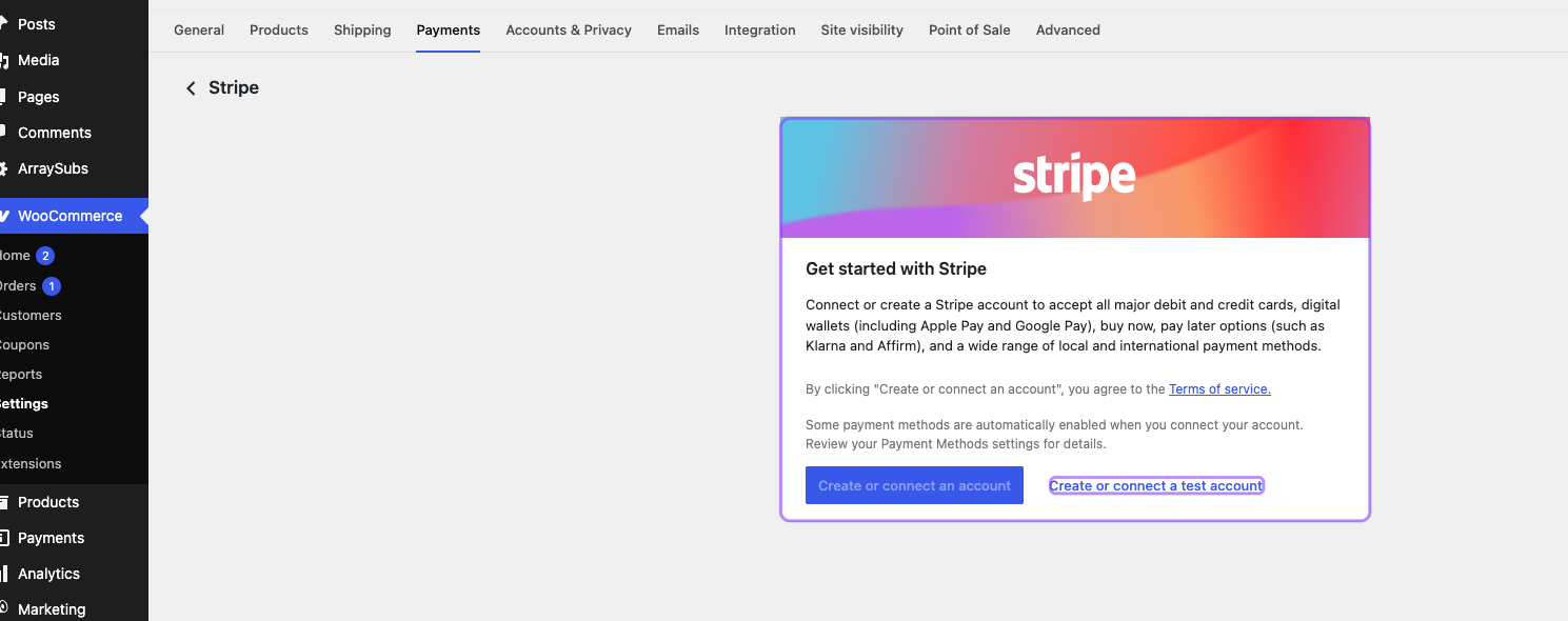 Annotated official WooCommerce Stripe settings screen identifying the connection panel and test-account action.