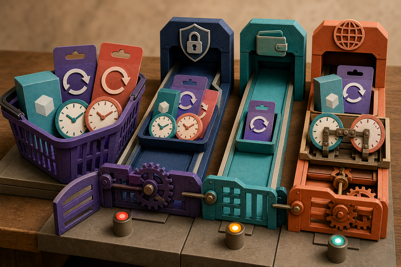A cart-composition workbench shows flexible, one-plan, and same-clock gateway lanes connected by shared restriction mechanisms.