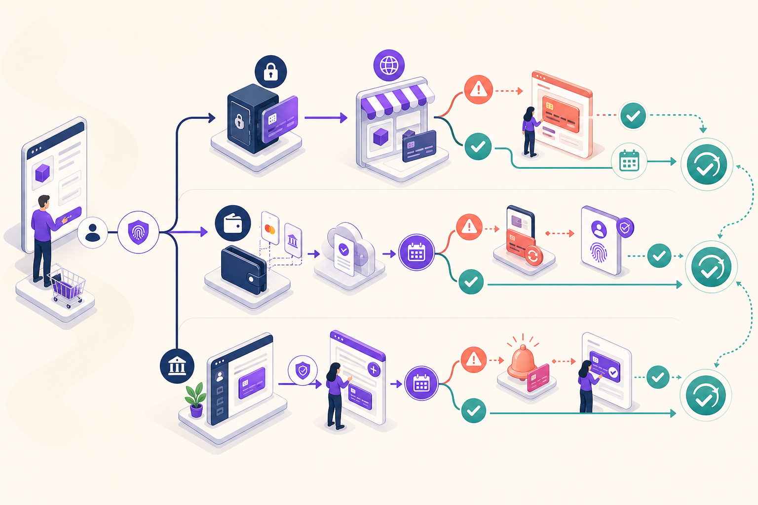 Three lifecycle ribbons compare a local token recovery page, wallet reauthorization, and hosted Merchant-of-Record payment portal.