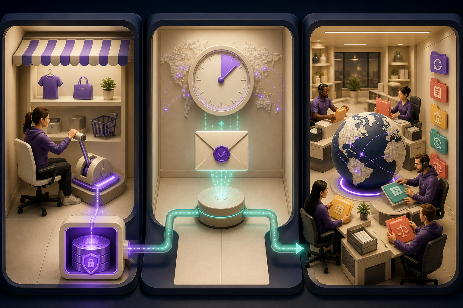 Three billing control rooms show a WooCommerce-operated renewal lever, a remote wallet agreement clock, and a Merchant-of-Record operations team.