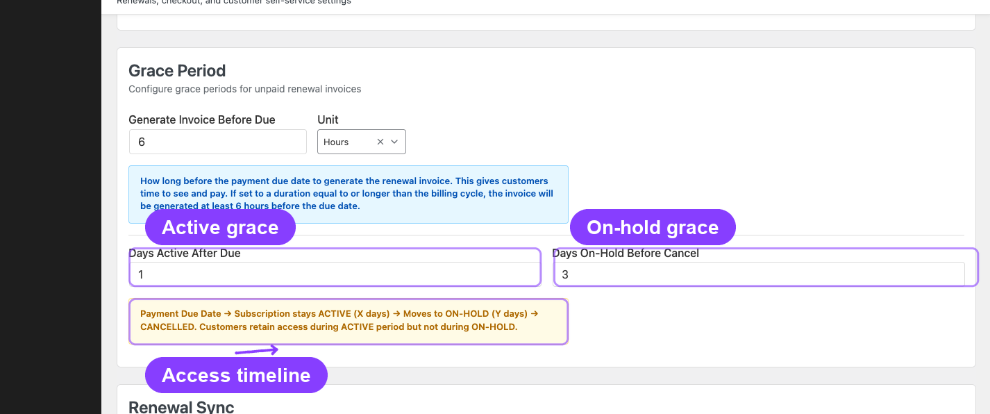 Current ArraySubs grace settings separate active recovery from the on-hold window.