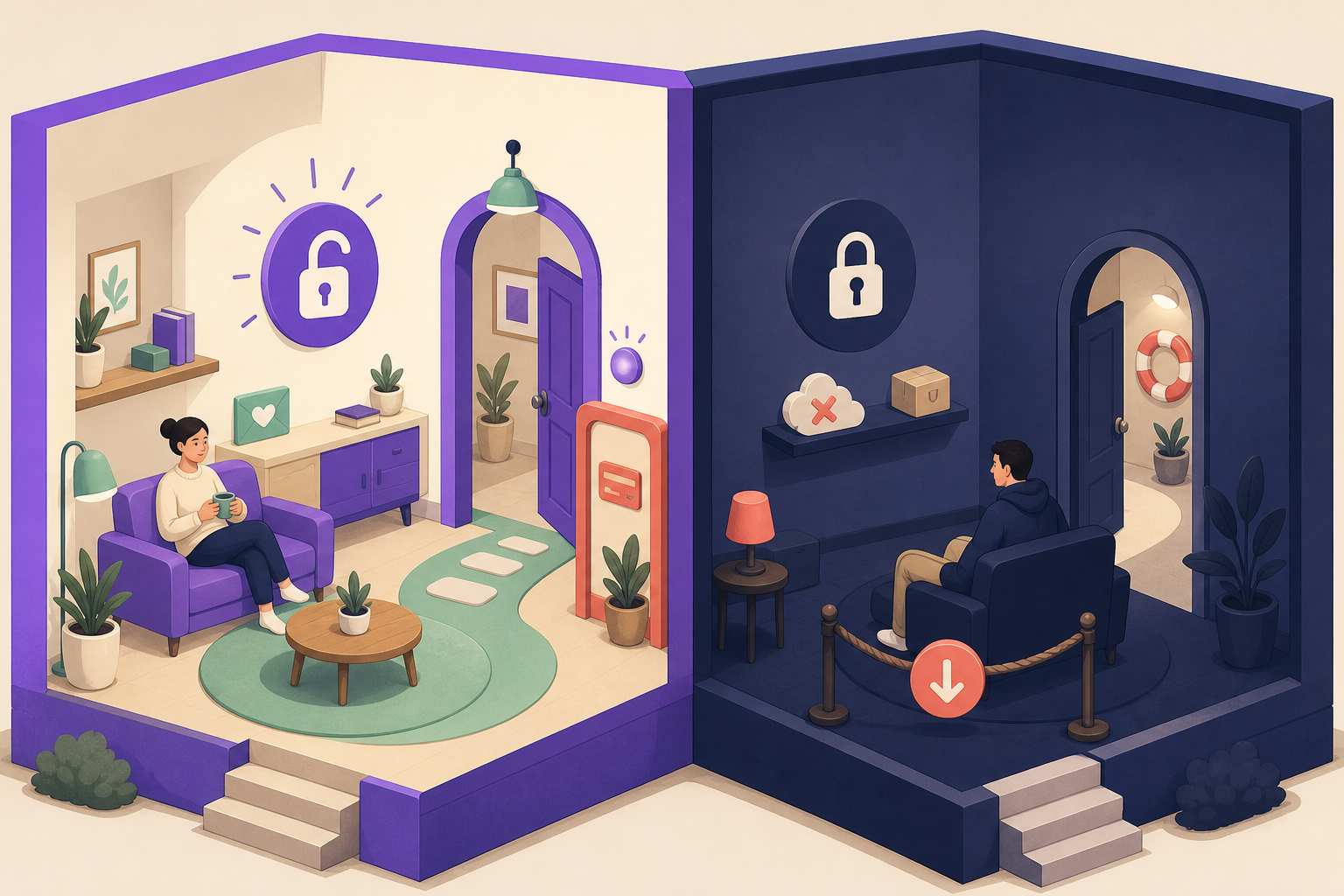 A customer moves through active recovery and an on-hold waiting room before the final fork.