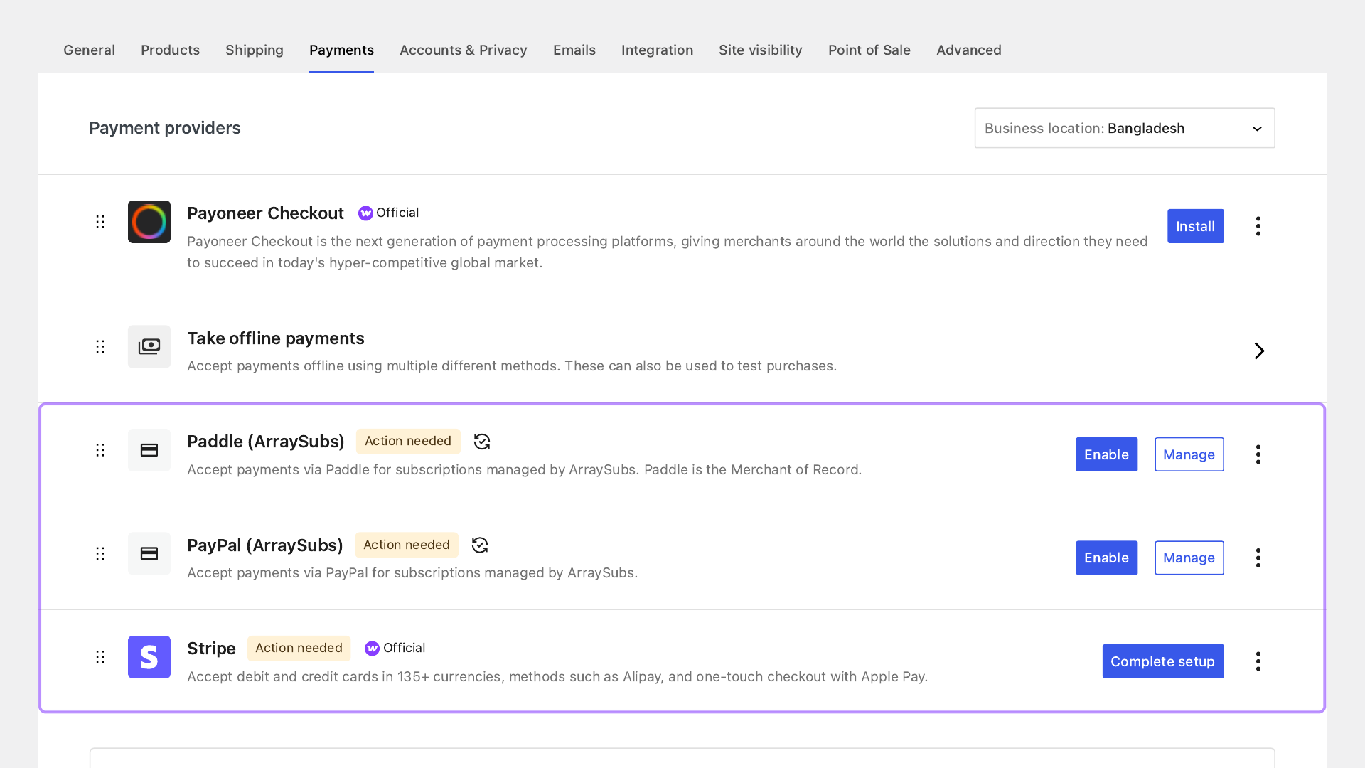 Annotated WooCommerce provider rows showing Stripe, PayPal, and Paddle as separate gateway contexts rather than one portable token system.