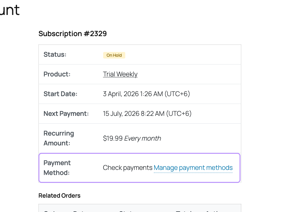 Annotated ArraySubs customer subscription view isolating the displayed Payment Method and Manage payment methods account link.