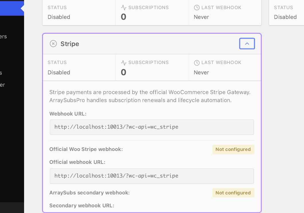 Annotated Stripe Gateway Health detail showing the gateway’s subscription count and webhook context used during token/update diagnosis.