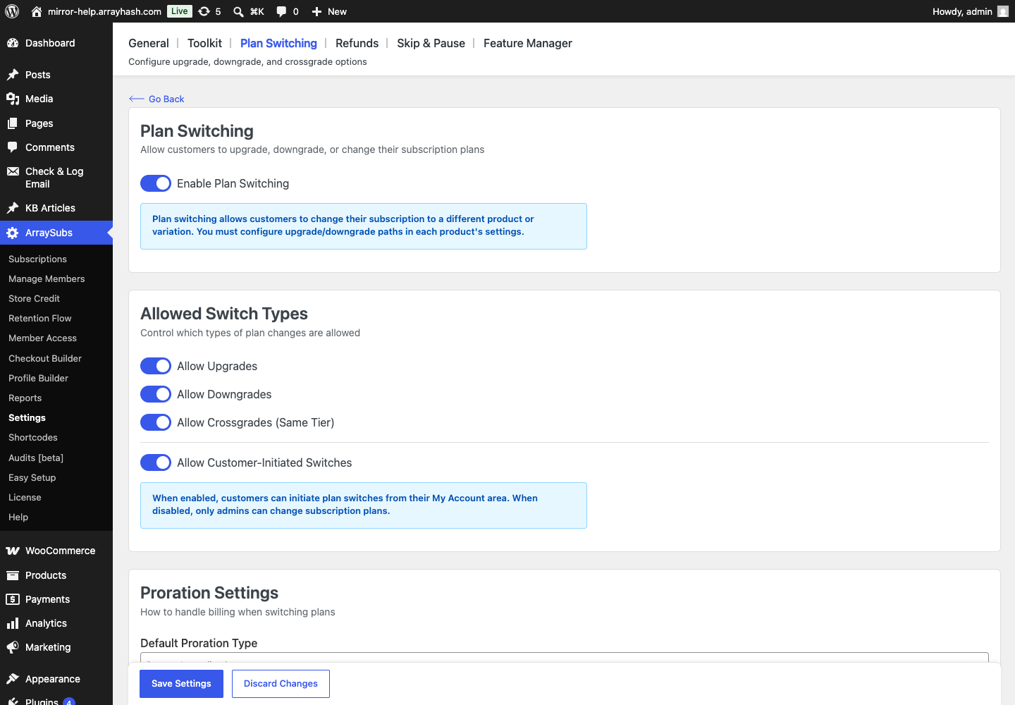 The plan-switching settings that provide product-change context for a configured downgrade path
