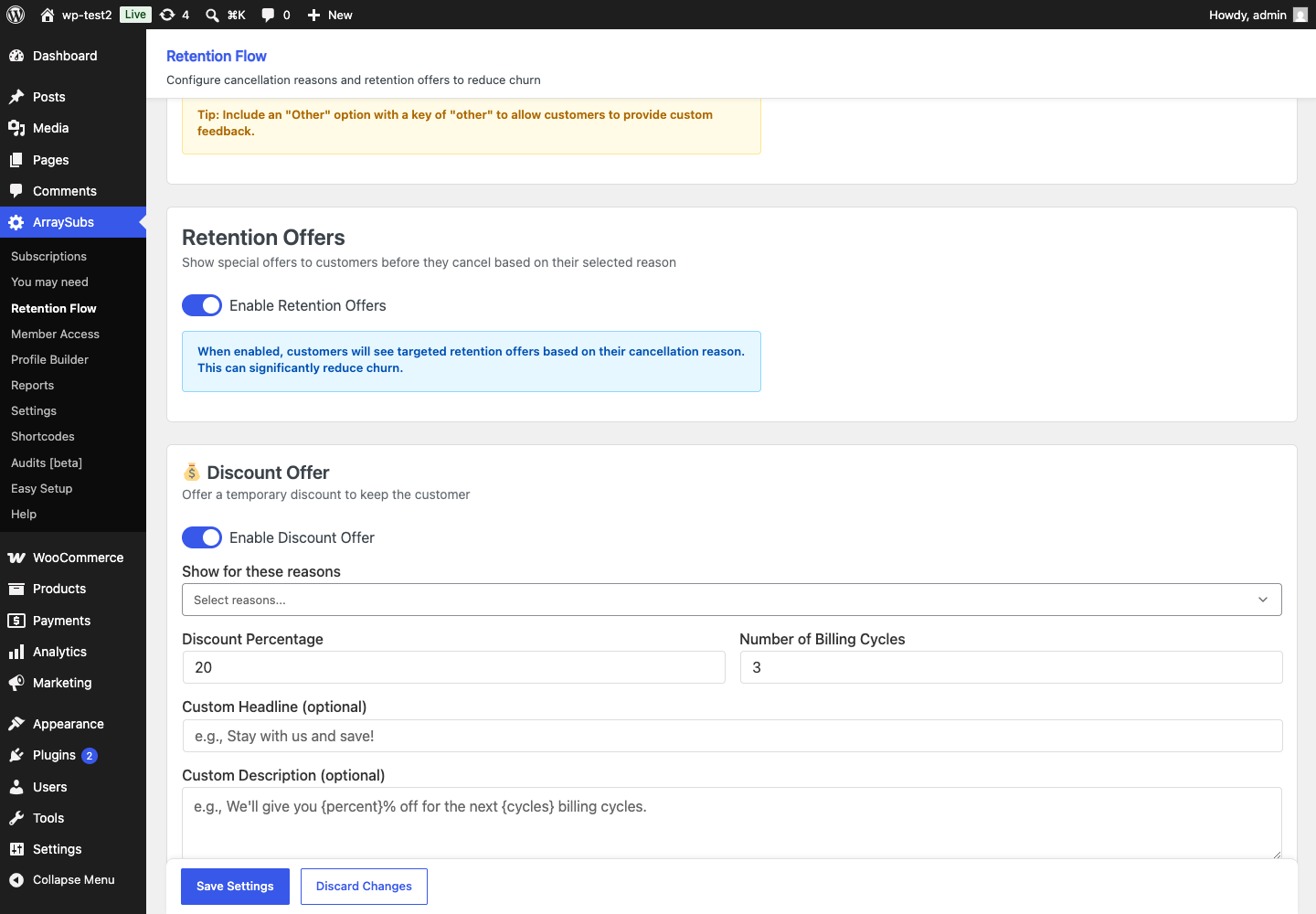 ArraySubs retention-offer controls for discount, pause, downgrade, reasons, and eligibility