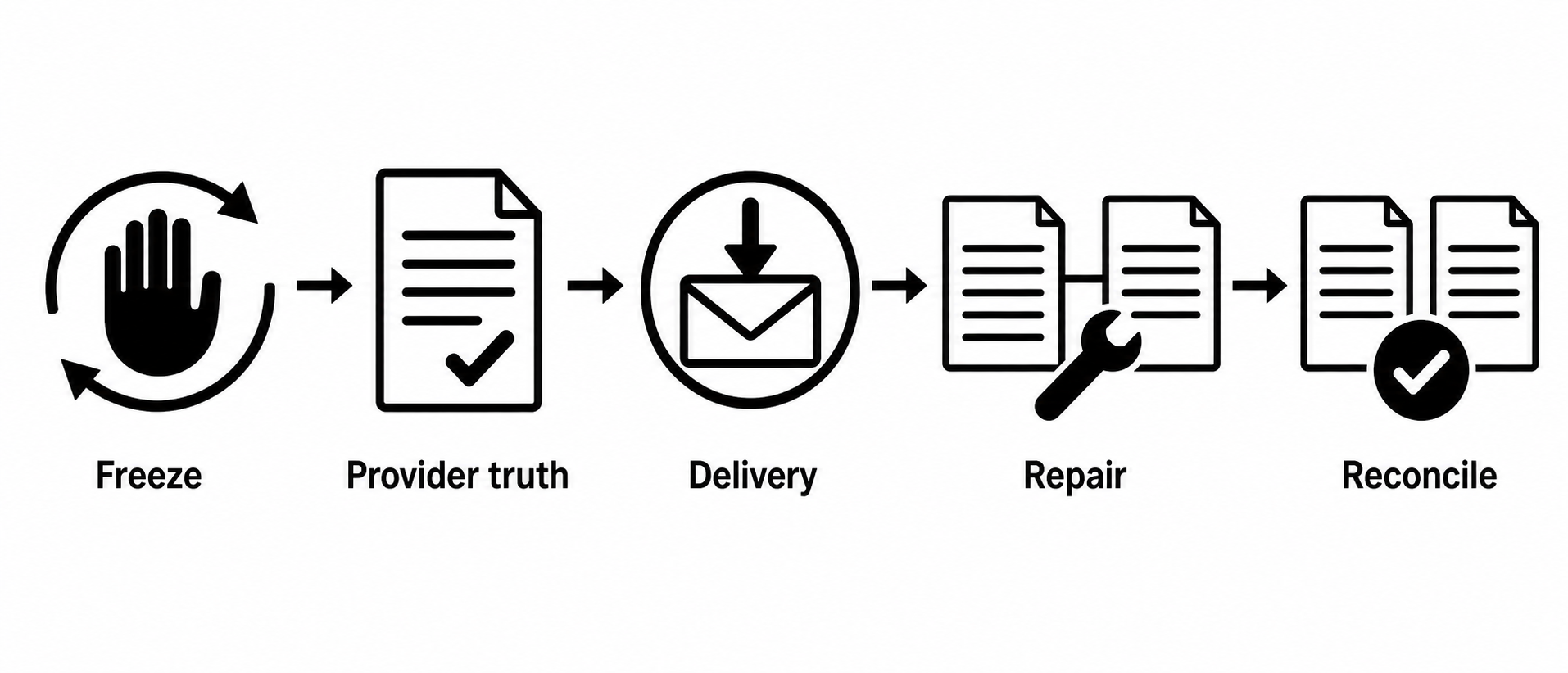A five-step paid-renewal incident sequence: freeze, verify provider truth, inspect delivery, repair, and reconcile.
