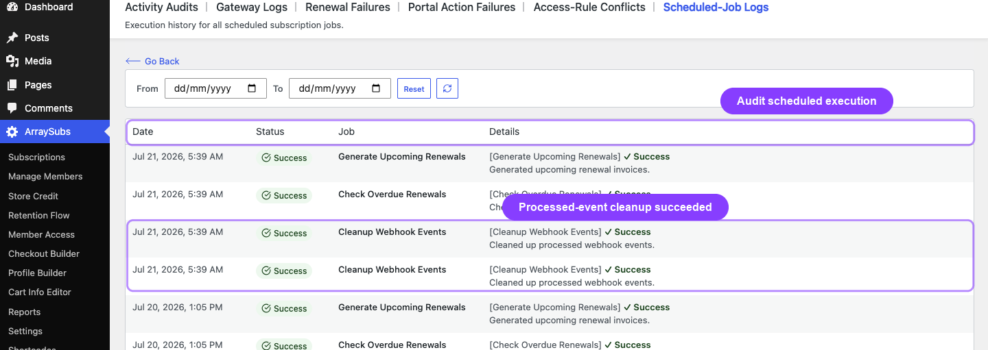 Annotated ArraySubs Scheduled-Job Logs showing successful processed-webhook-event cleanup and the auditable job columns.