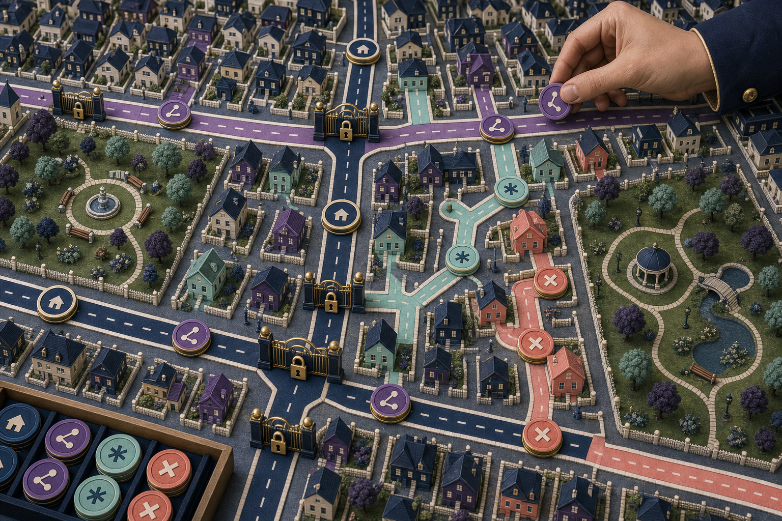 A street-map scene uses an exact building address, neighborhood prefix, sign containing a word, and a carefully bounded route pattern to explain the four match modes.