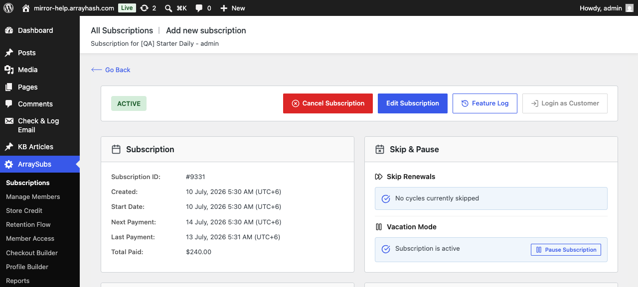 Annotated ArraySubs subscription record showing customer, billing, gateway, product, skip and pause information cards.