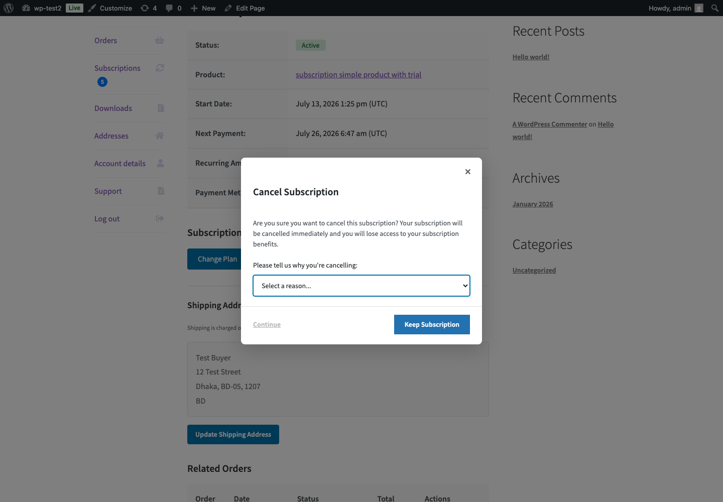 The customer cancellation dialog presenting one primary reason in a safe staging account