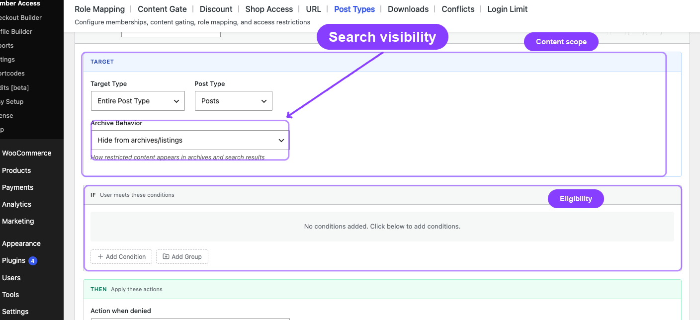 A live post-type rule marks content scope, archive visibility, and eligibility separately.