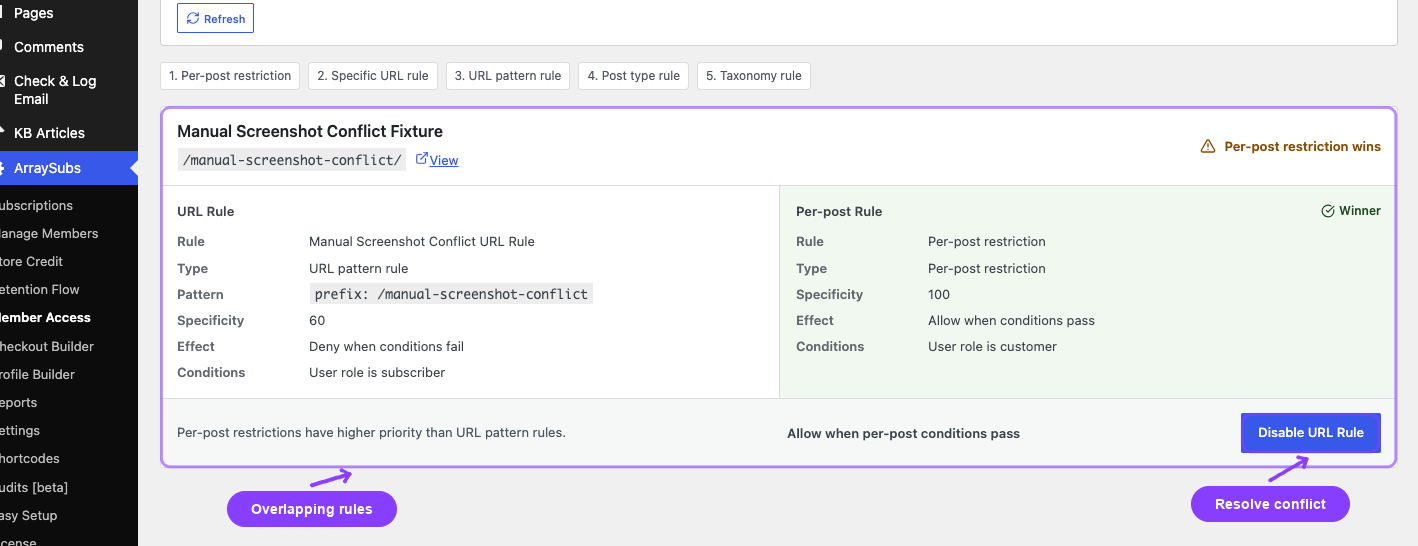 The live conflicts page identifies an overlap and offers a deliberate resolution instead of hiding precedence.