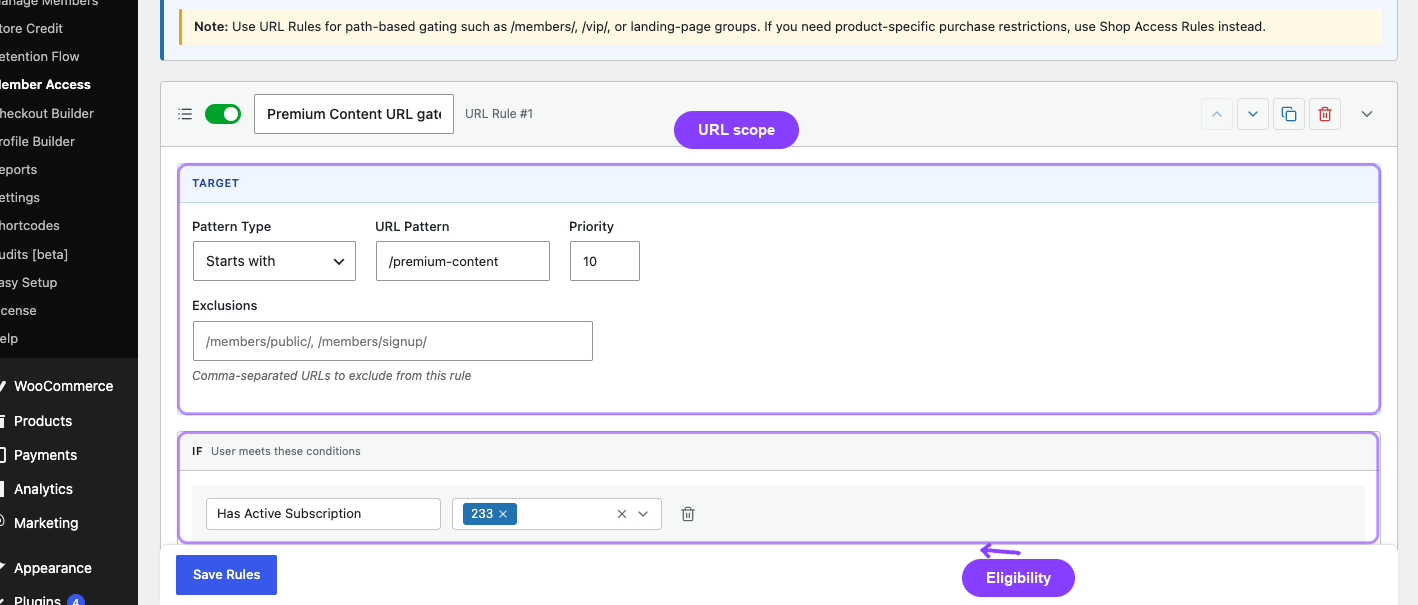 A live URL rule exposes path scope and eligibility instead of treating a prefix as a complete policy.