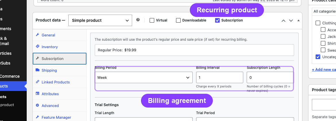 The WooCommerce product editor defines a recurring billing agreement, not the content access rule.