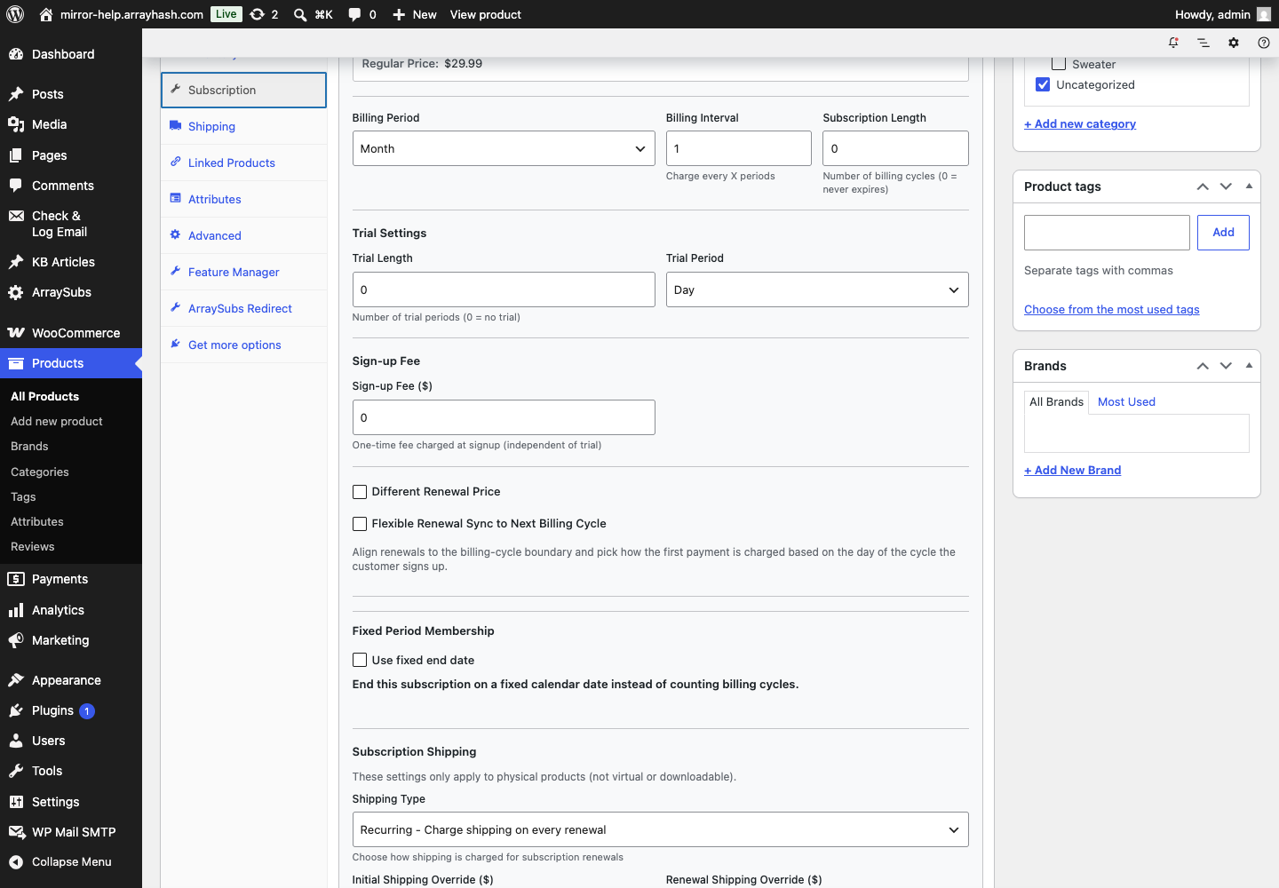Annotated ArraySubs simple-product fields for recurring price, billing period, interval, and subscription length.