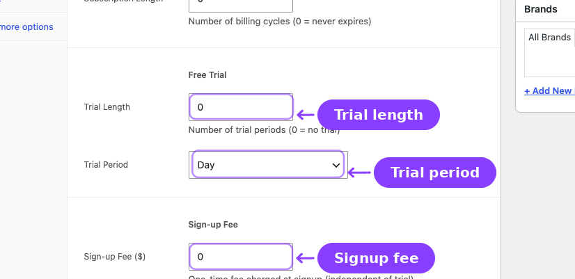 Annotated ArraySubs product fields for trial length, trial period, and sign-up fee.