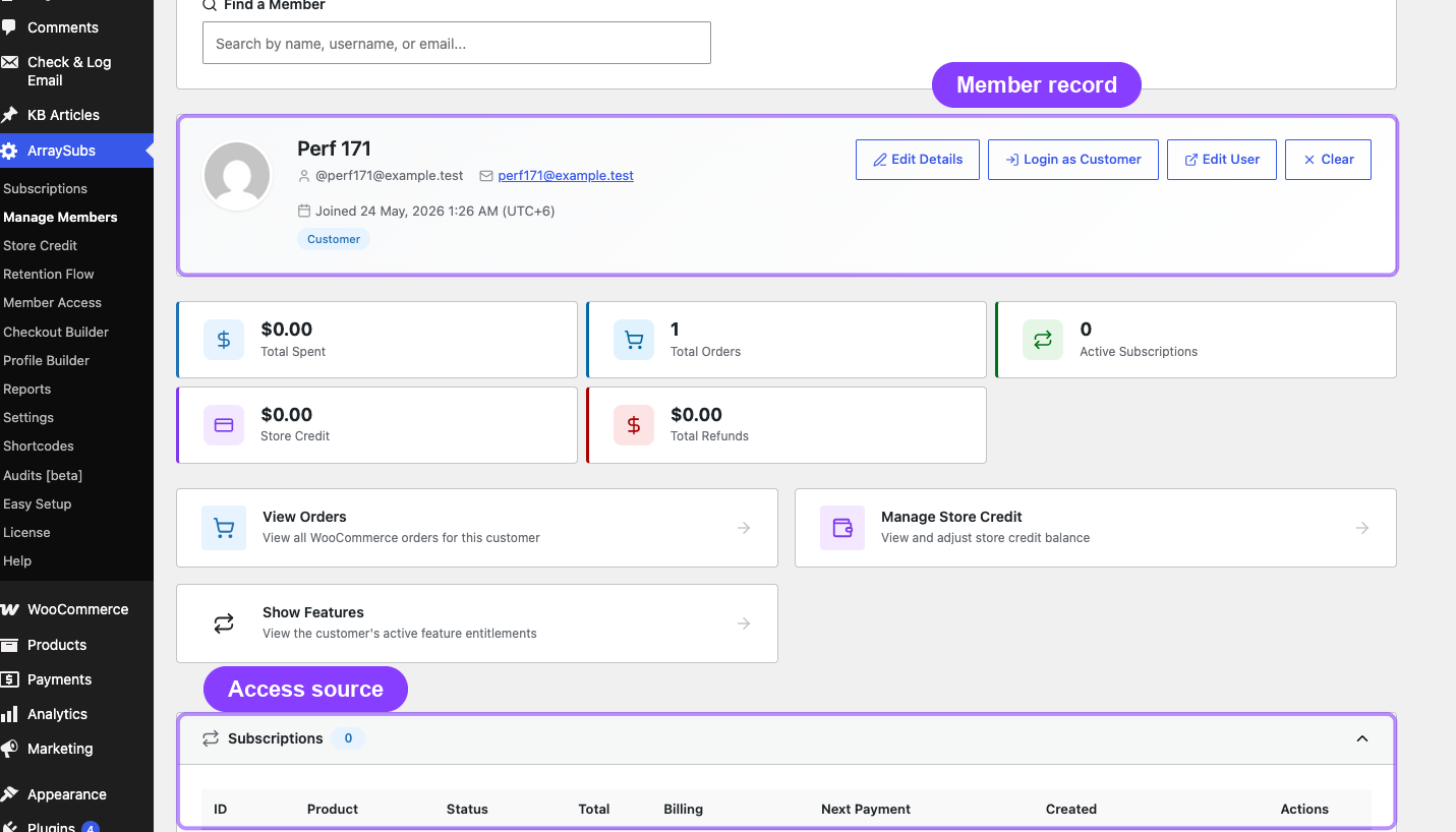 The live member view connects one customer record to its subscription source without making the row itself the full access policy.