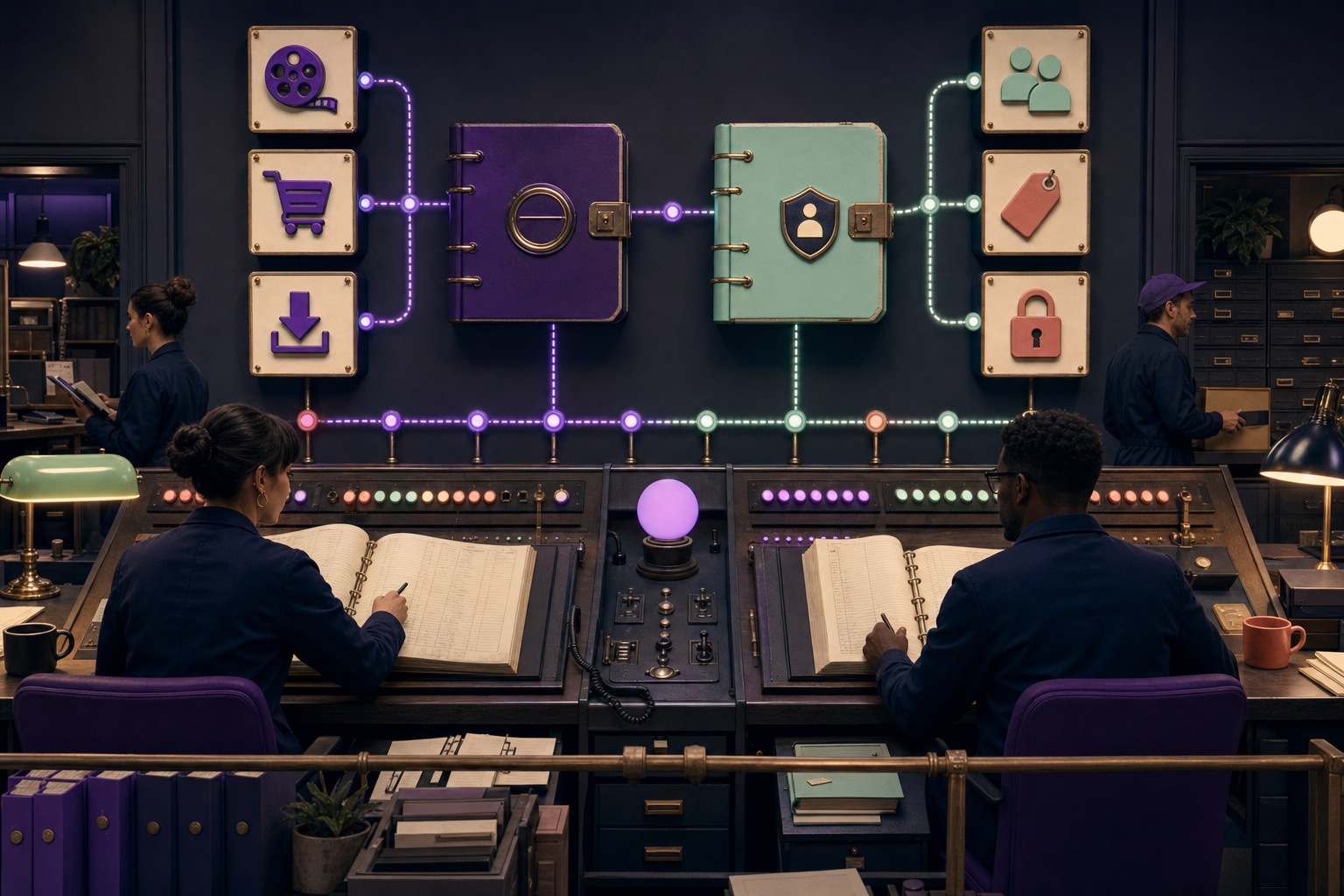 An operator watches gateway, order, subscription, access, portal, and scheduler lights for one mismatch.