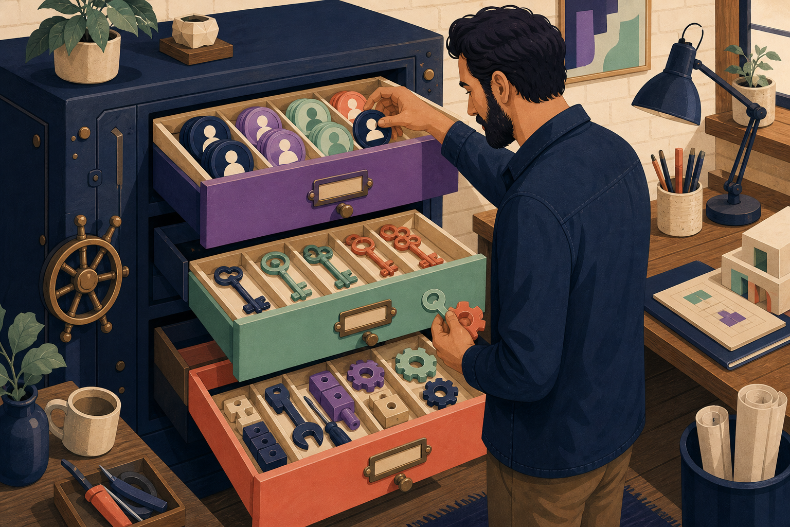 Three separate drawers hold account permissions, the commercial plan, and feature entitlements instead of mixing them in one role.