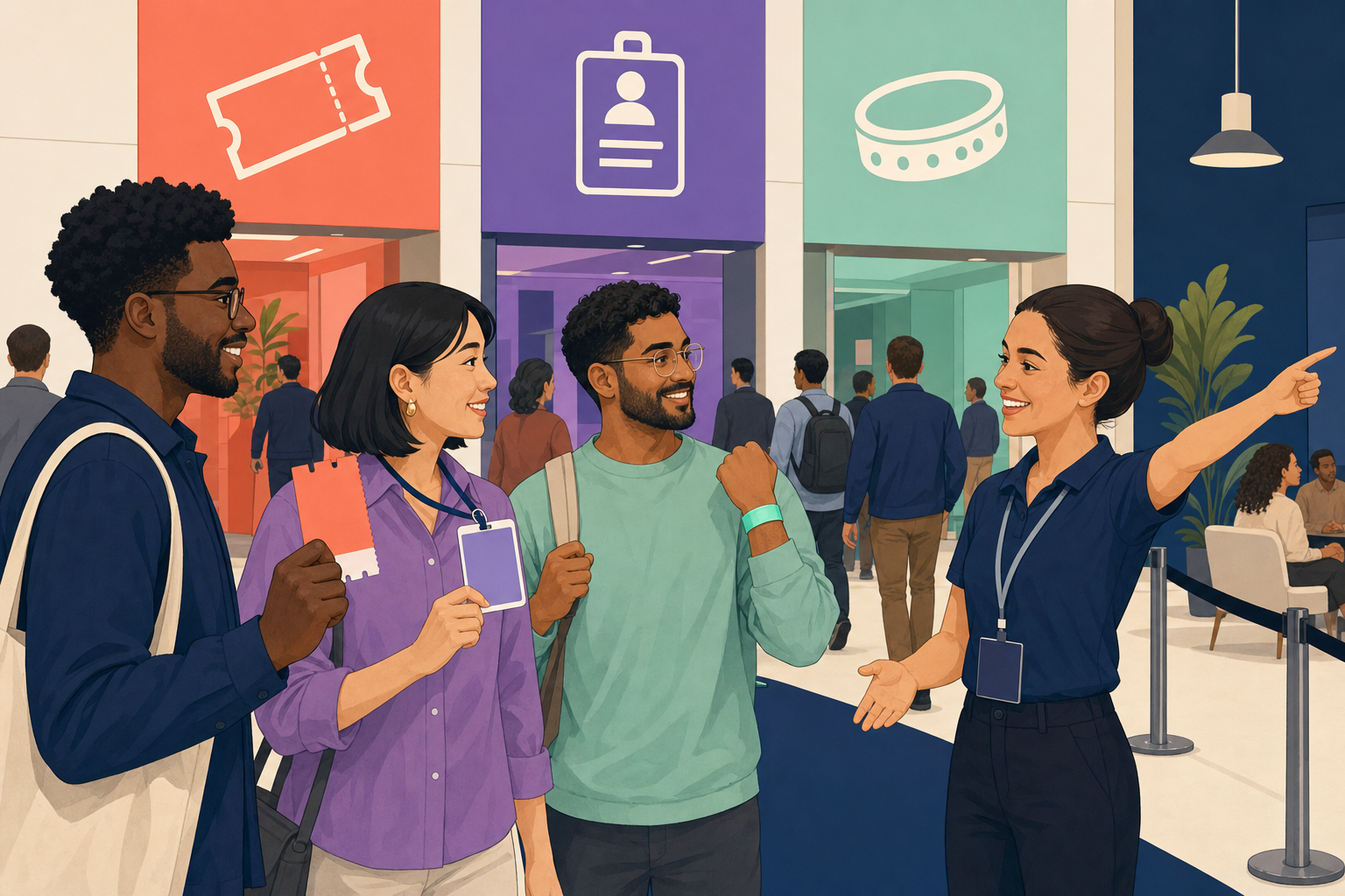 A venue scene distinguishes a staff badge for WordPress capability, a paid ticket for membership level, and wristbands for individual entitlements.