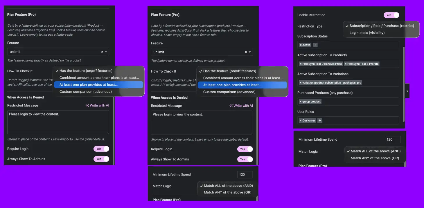 ArraySubs Elementor Container controls for subscription and feature-based membership restriction