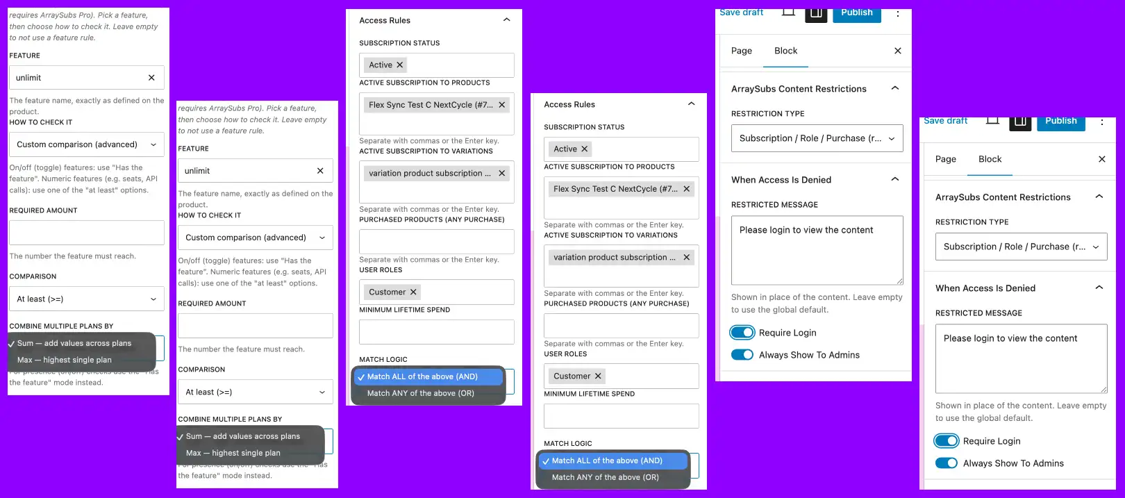 ArraySubs Gutenberg block controls for subscription, role, purchase, spend, and feature-based content restriction