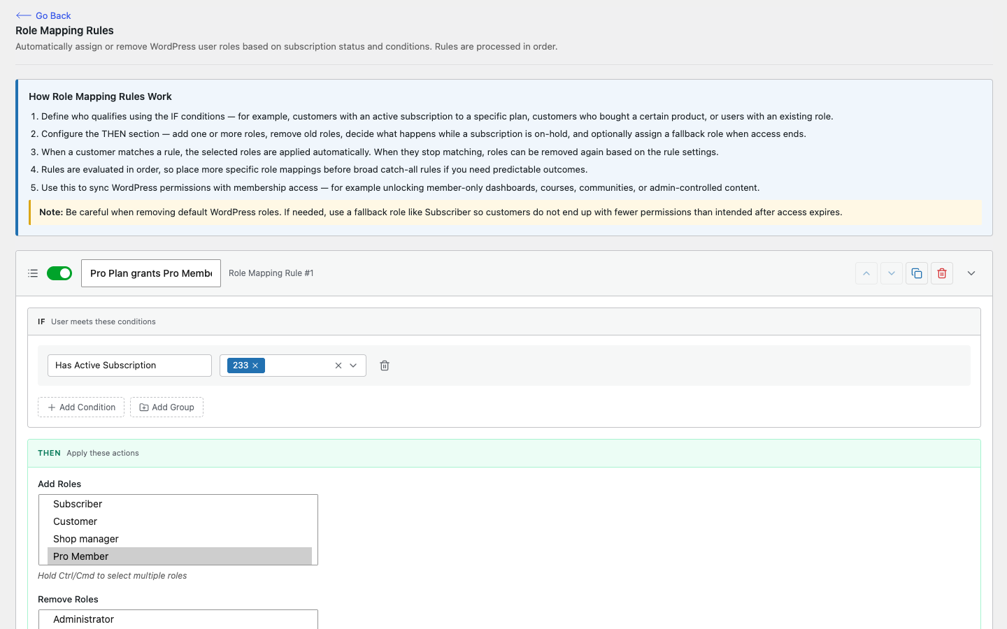ArraySubs role mapping rule that grants a Pro Member role when a customer has an active subscription