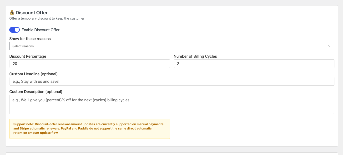 ArraySubs Retention Flow controls for targeted cancellation reasons and a temporary discount offer